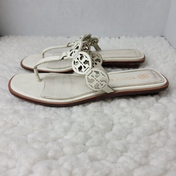 Tory Burch Tiny Miller 10mm Womens Sandals Size 6.5 Ivoiry Calf Leather Thong - Picture 3 of 10